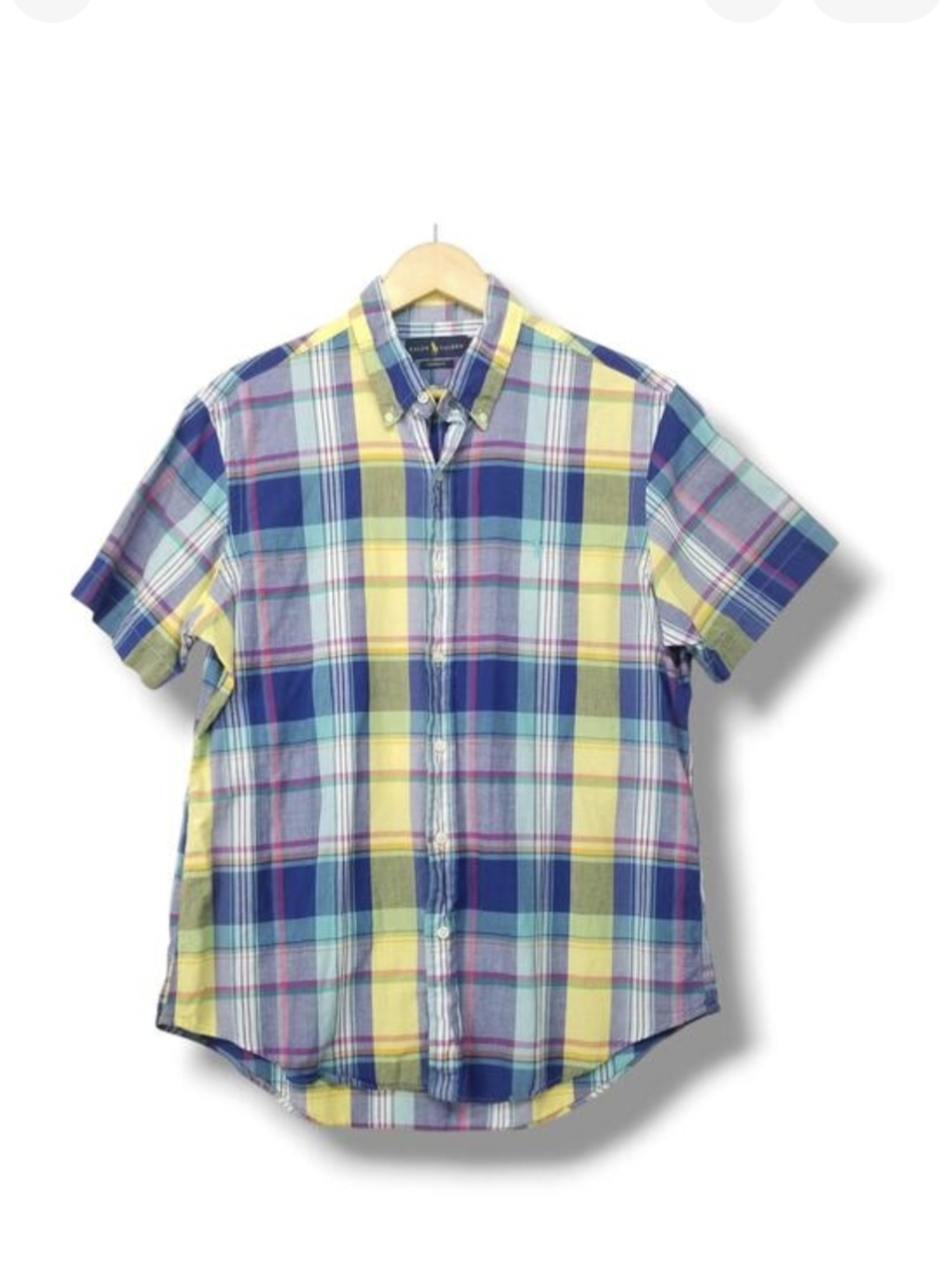 Ralph Lauren Plaid Button Down Shirt Short Sleeve Mens Large Blue Yellow Multi